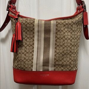 Coach D1271-19918 Legacy Signature Stripe Duffle in Tan & Orange Leather in GUC